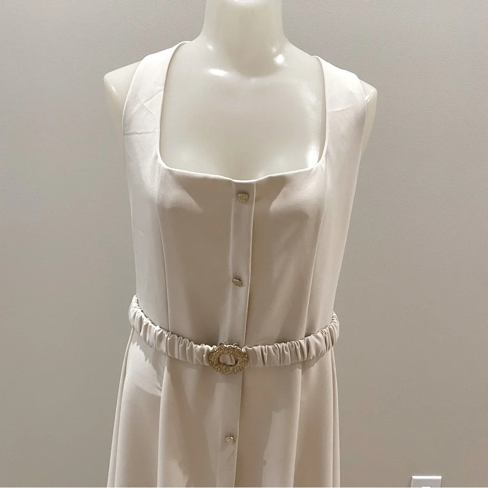 Zara NWT Cream Sleeveless Faux button Midi Dress attached Gold belt size Large - Picture 8 of 12